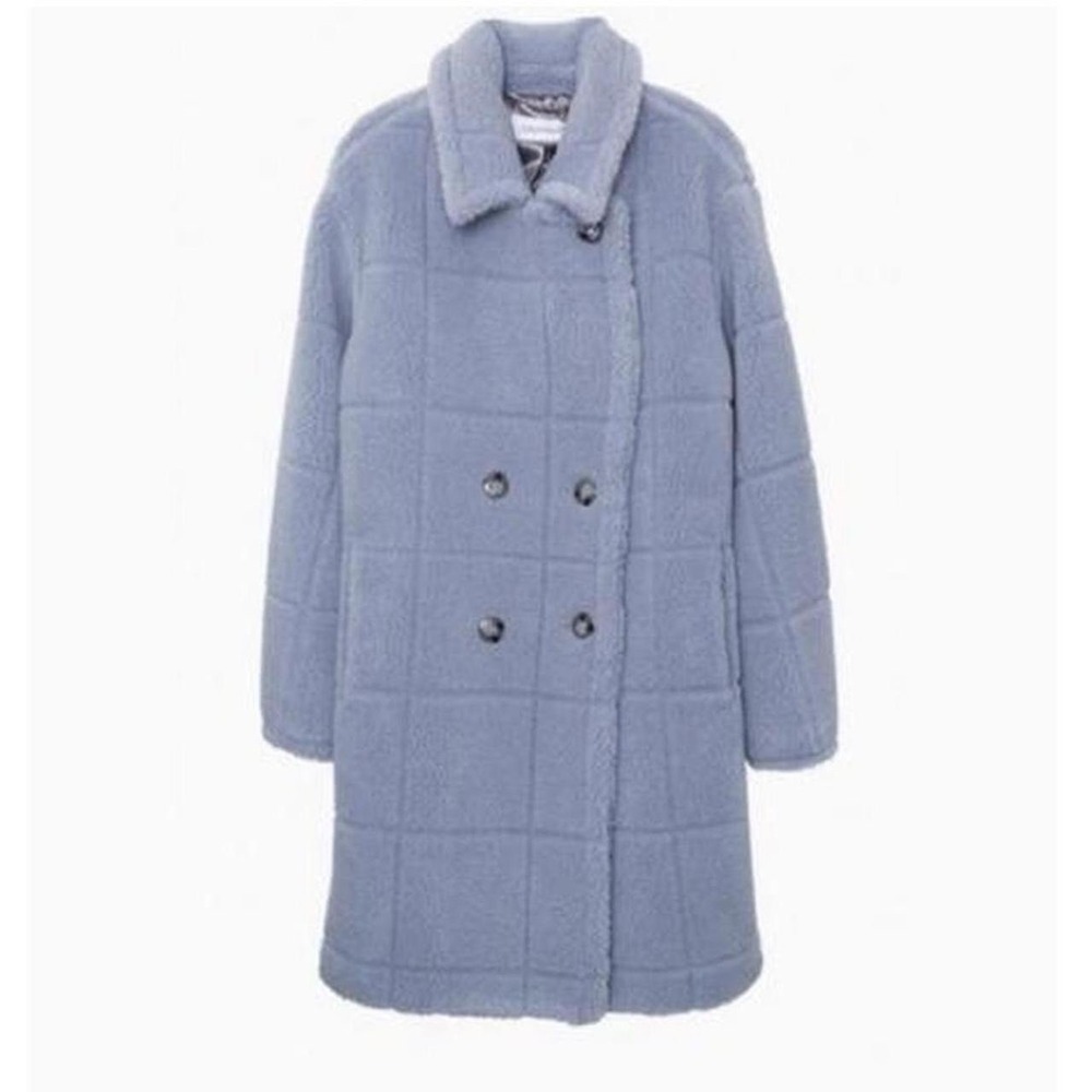 Calvin Klein Women's Double-Breasted Faux-Fur Teddy Light Blue Coat Sz L